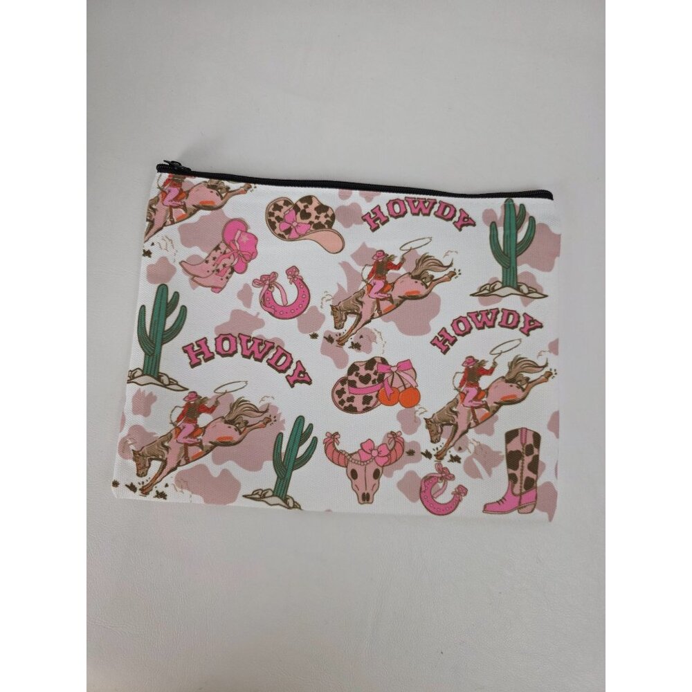 New Howdy Western-Themed Canvas Zipper Pouch 9x7 In With Cowboy & Cowgirl Print